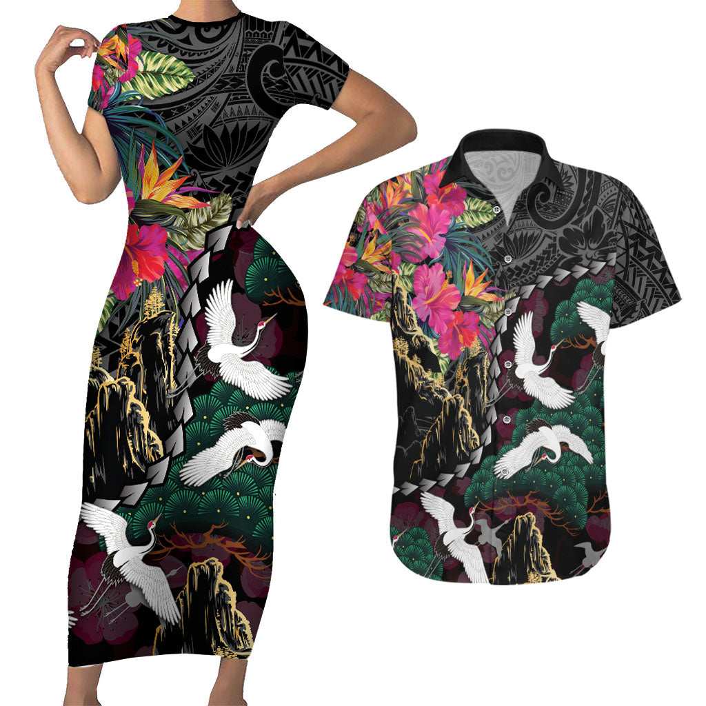 Hawaiian and Japanese Culture Couples Matching Short Sleeve Bodycon Dress and Hawaiian Shirt Crane Sakura Hibiscus Tropical Vibes LT14 Black - Polynesian Pride