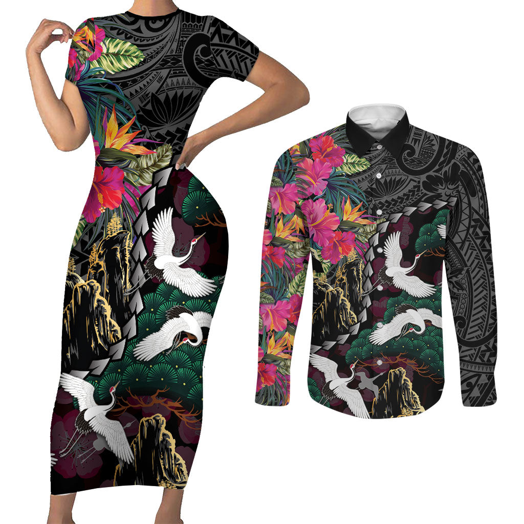 Hawaiian and Japanese Culture Couples Matching Short Sleeve Bodycon Dress and Long Sleeve Button Shirt Crane Sakura Hibiscus Tropical Vibes LT14 Black - Polynesian Pride