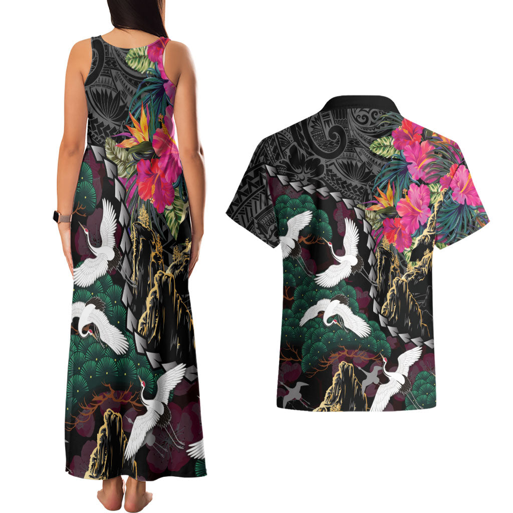 Hawaiian and Japanese Culture Couples Matching Tank Maxi Dress and Hawaiian Shirt Crane Sakura Hibiscus Tropical Vibes LT14 - Polynesian Pride