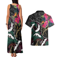 Hawaiian and Japanese Culture Couples Matching Tank Maxi Dress and Hawaiian Shirt Crane Sakura Hibiscus Tropical Vibes LT14 - Polynesian Pride