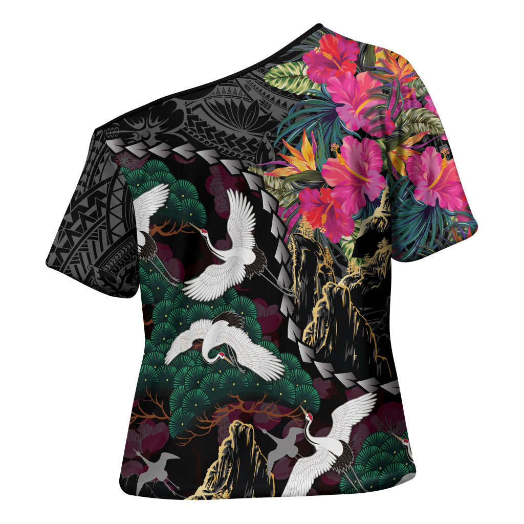 Hawaiian and Japanese Culture Cross Shoulder Shirt Crane Sakura Hibiscus Tropical Vibes