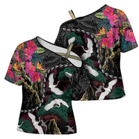 Hawaiian and Japanese Culture Cross Shoulder Shirt Crane Sakura Hibiscus Tropical Vibes
