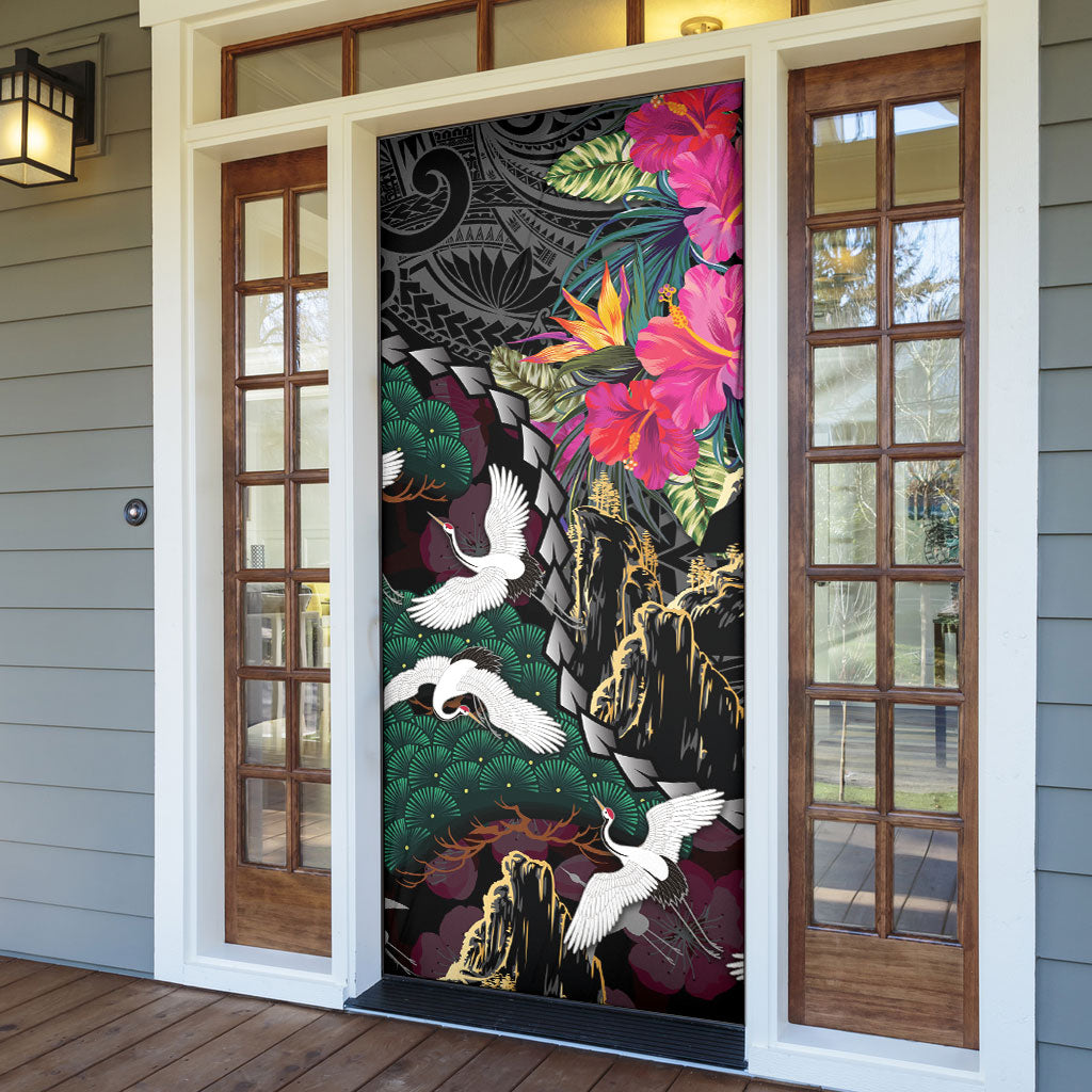 Hawaiian and Japanese Culture Door Cover Crane Sakura Hibiscus Tropical Vibes