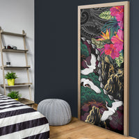 Hawaiian and Japanese Culture Door Cover Crane Sakura Hibiscus Tropical Vibes