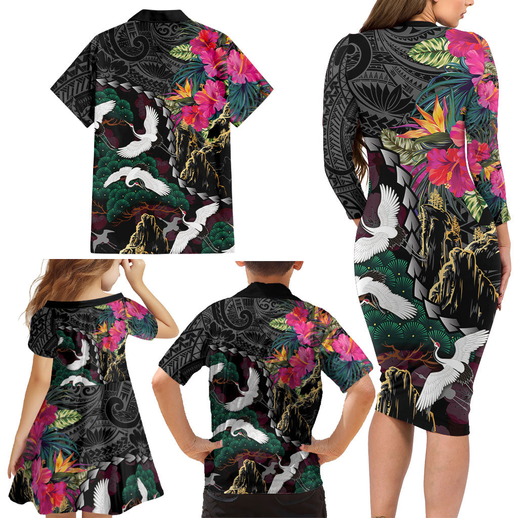 Hawaiian and Japanese Culture Family Matching Long Sleeve Bodycon Dress and Hawaiian Shirt Crane Sakura Hibiscus Tropical Vibes LT14 - Polynesian Pride