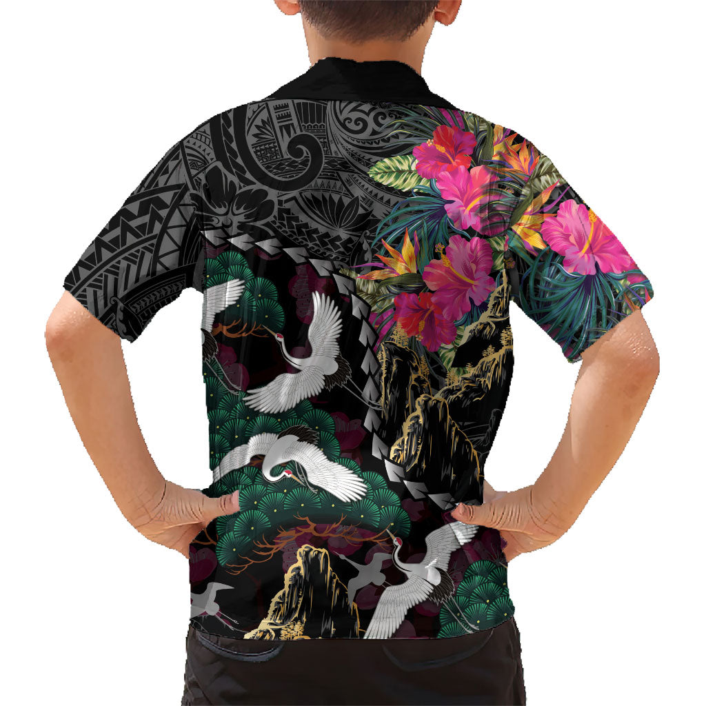 Hawaiian and Japanese Culture Family Matching Mermaid Dress and Hawaiian Shirt Crane Sakura Hibiscus Tropical Vibes LT14 - Polynesian Pride