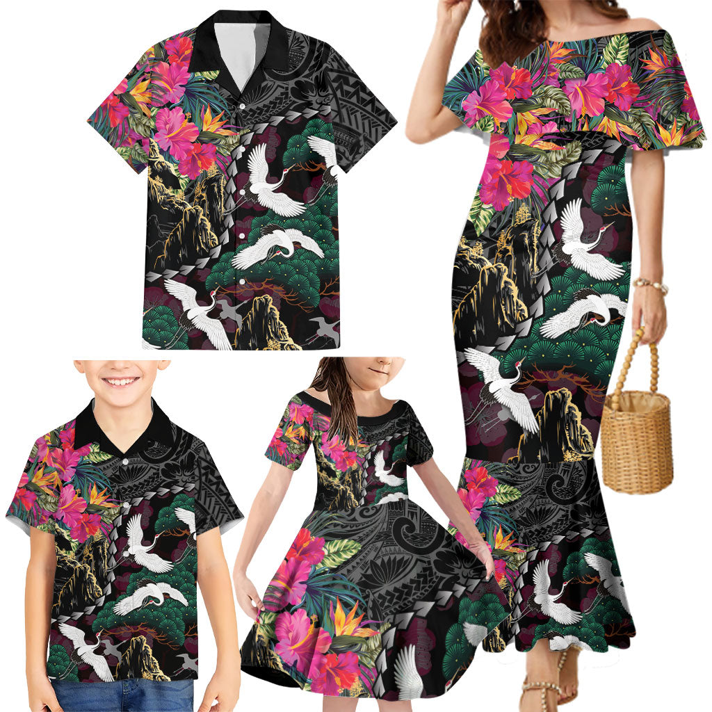 Hawaiian and Japanese Culture Family Matching Mermaid Dress and Hawaiian Shirt Crane Sakura Hibiscus Tropical Vibes LT14 - Polynesian Pride