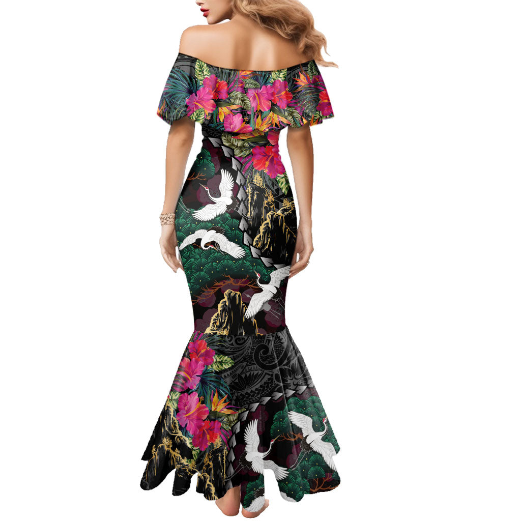 Hawaiian and Japanese Culture Family Matching Mermaid Dress and Hawaiian Shirt Crane Sakura Hibiscus Tropical Vibes LT14 - Polynesian Pride