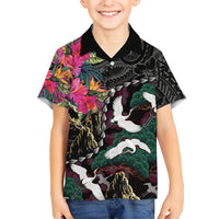 Hawaiian and Japanese Culture Family Matching Off The Shoulder Long Sleeve Dress and Hawaiian Shirt Crane Sakura Hibiscus Tropical Vibes LT14 Son's Shirt Black - Polynesian Pride