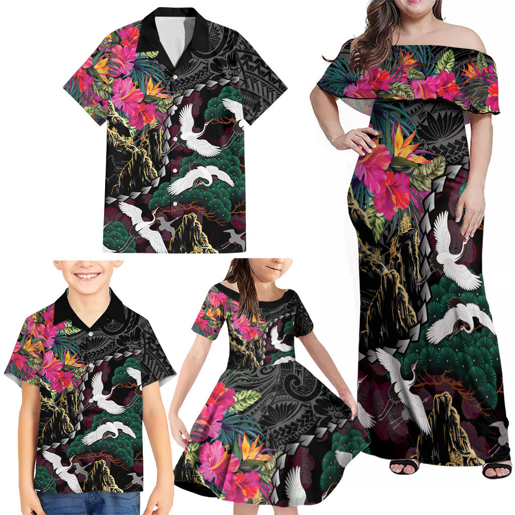 Hawaiian and Japanese Culture Family Matching Off Shoulder Maxi Dress and Hawaiian Shirt Crane Sakura Hibiscus Tropical Vibes LT14 - Polynesian Pride