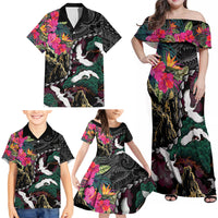 Hawaiian and Japanese Culture Family Matching Off Shoulder Maxi Dress and Hawaiian Shirt Crane Sakura Hibiscus Tropical Vibes LT14 - Polynesian Pride