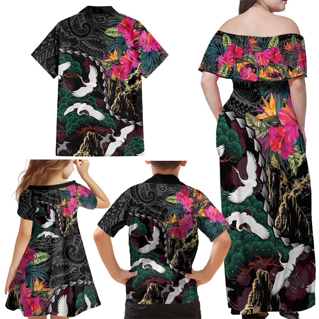 Hawaiian and Japanese Culture Family Matching Off Shoulder Maxi Dress and Hawaiian Shirt Crane Sakura Hibiscus Tropical Vibes LT14 - Polynesian Pride