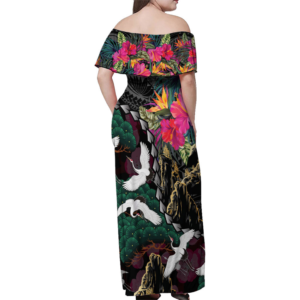 Hawaiian and Japanese Culture Family Matching Off Shoulder Maxi Dress and Hawaiian Shirt Crane Sakura Hibiscus Tropical Vibes LT14 - Polynesian Pride