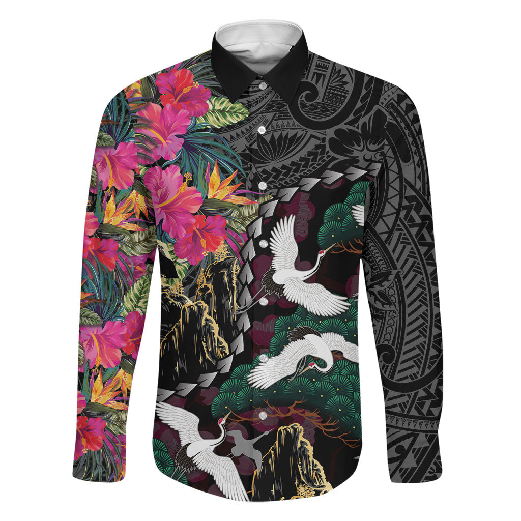 Hawaiian and Japanese Culture Family Matching Off Shoulder Short Dress and Hawaiian Shirt Crane Sakura Hibiscus Tropical Vibes LT14 Dad's Shirt - Long Sleeve Black - Polynesian Pride
