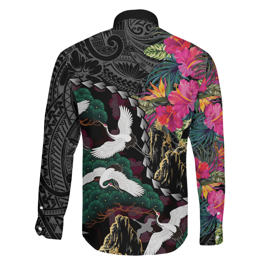 Hawaiian and Japanese Culture Family Matching Off Shoulder Short Dress and Hawaiian Shirt Crane Sakura Hibiscus Tropical Vibes LT14 - Polynesian Pride
