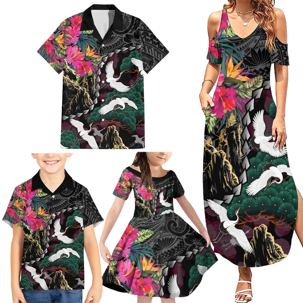 Hawaiian and Japanese Culture Family Matching Summer Maxi Dress and Hawaiian Shirt Crane Sakura Hibiscus Tropical Vibes LT14 - Polynesian Pride