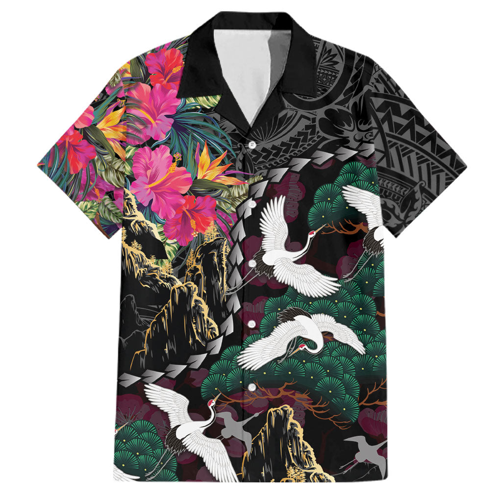 Hawaiian and Japanese Culture Family Matching Summer Maxi Dress and Hawaiian Shirt Crane Sakura Hibiscus Tropical Vibes LT14 Dad's Shirt - Short Sleeve Black - Polynesian Pride