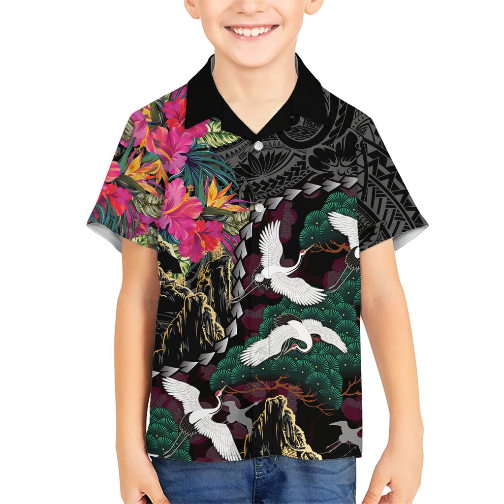 Hawaiian and Japanese Culture Family Matching Summer Maxi Dress and Hawaiian Shirt Crane Sakura Hibiscus Tropical Vibes LT14 Son's Shirt Black - Polynesian Pride