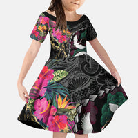 Hawaiian and Japanese Culture Family Matching Tank Maxi Dress and Hawaiian Shirt Crane Sakura Hibiscus Tropical Vibes LT14 Daughter's Dress Black - Polynesian Pride