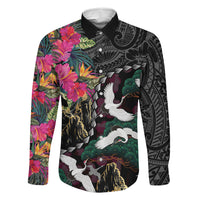 Hawaiian and Japanese Culture Family Matching Tank Maxi Dress and Hawaiian Shirt Crane Sakura Hibiscus Tropical Vibes LT14 Dad's Shirt - Long Sleeve Black - Polynesian Pride