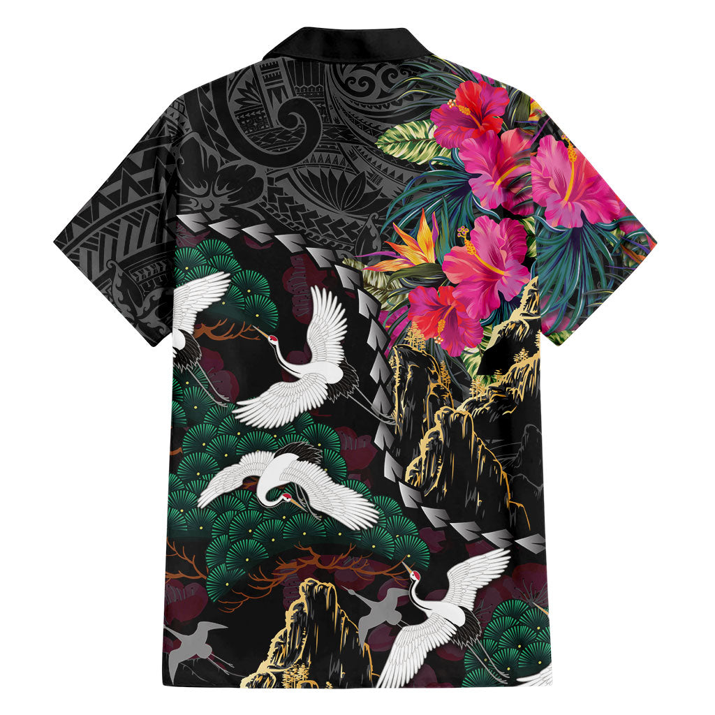 Hawaiian and Japanese Culture Hawaiian Shirt Crane Sakura Hibiscus Tropical Vibes