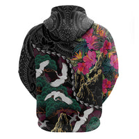 Hawaiian and Japanese Culture Hoodie Crane Sakura Hibiscus Tropical Vibes