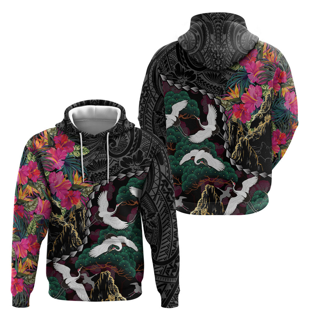 Hawaiian and Japanese Culture Hoodie Crane Sakura Hibiscus Tropical Vibes