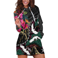 Hawaiian and Japanese Culture Hoodie Dress Crane Sakura Hibiscus Tropical Vibes