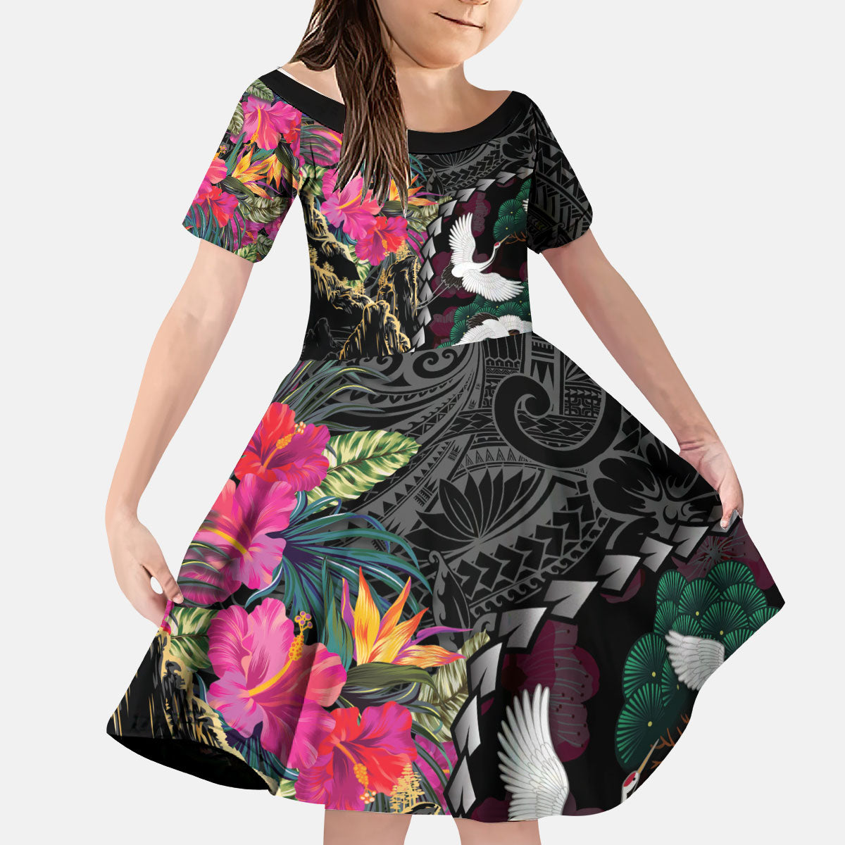 Hawaiian and Japanese Culture Kid Short Sleeve Dress Crane Sakura Hibiscus Tropical Vibes LT14 KID Black - Polynesian Pride