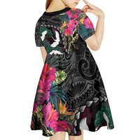 Hawaiian and Japanese Culture Kid Short Sleeve Dress Crane Sakura Hibiscus Tropical Vibes