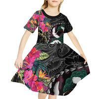 Hawaiian and Japanese Culture Kid Short Sleeve Dress Crane Sakura Hibiscus Tropical Vibes