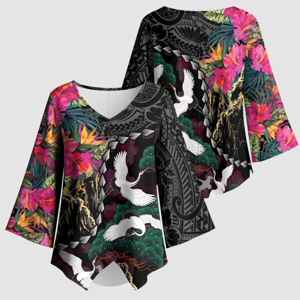 Hawaiian and Japanese Culture Kimono Sleeve Blouse Crane Sakura Hibiscus Tropical Vibes