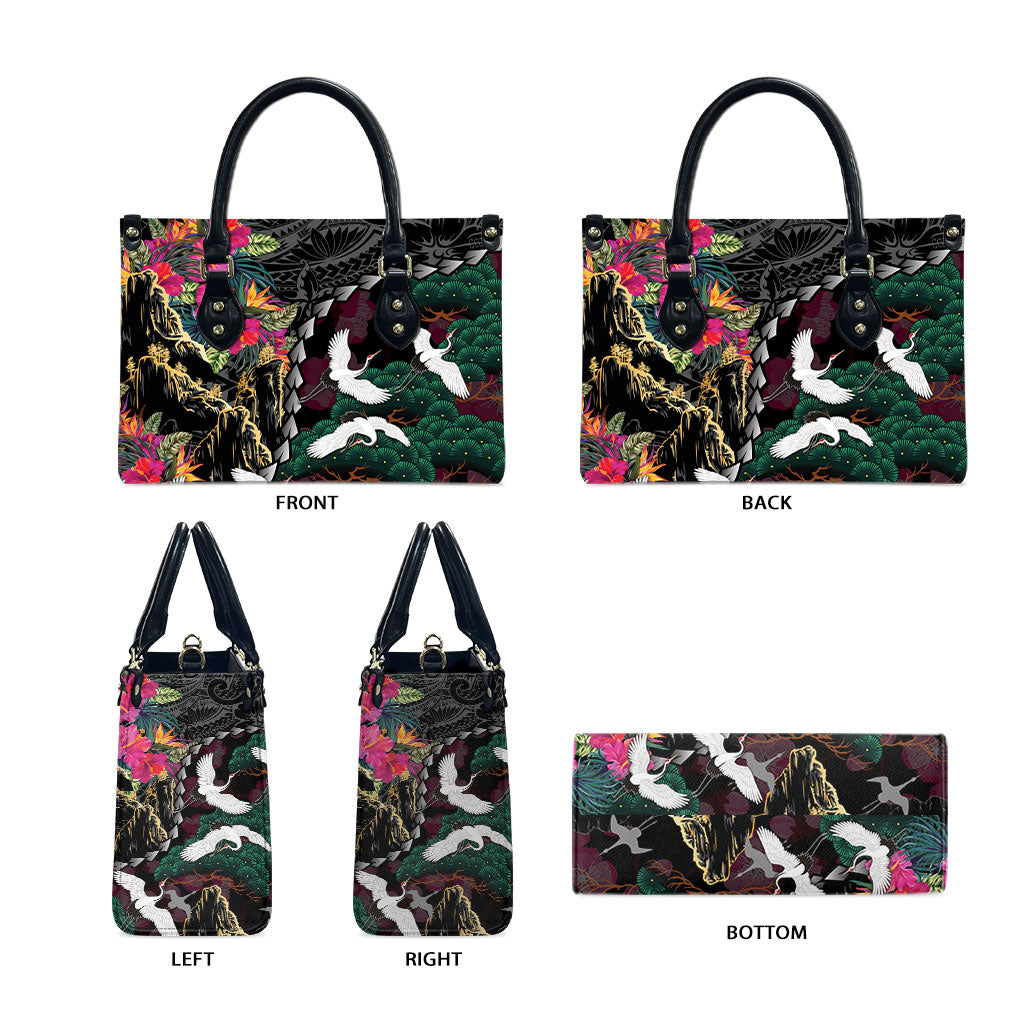 Hawaiian and Japanese Culture Leather Bag Crane Sakura Hibiscus Tropical Vibes