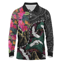 Hawaiian and Japanese Culture Long Sleeve Polo Shirt Crane Sakura Hibiscus Tropical Vibes