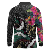 Hawaiian and Japanese Culture Long Sleeve Polo Shirt Crane Sakura Hibiscus Tropical Vibes