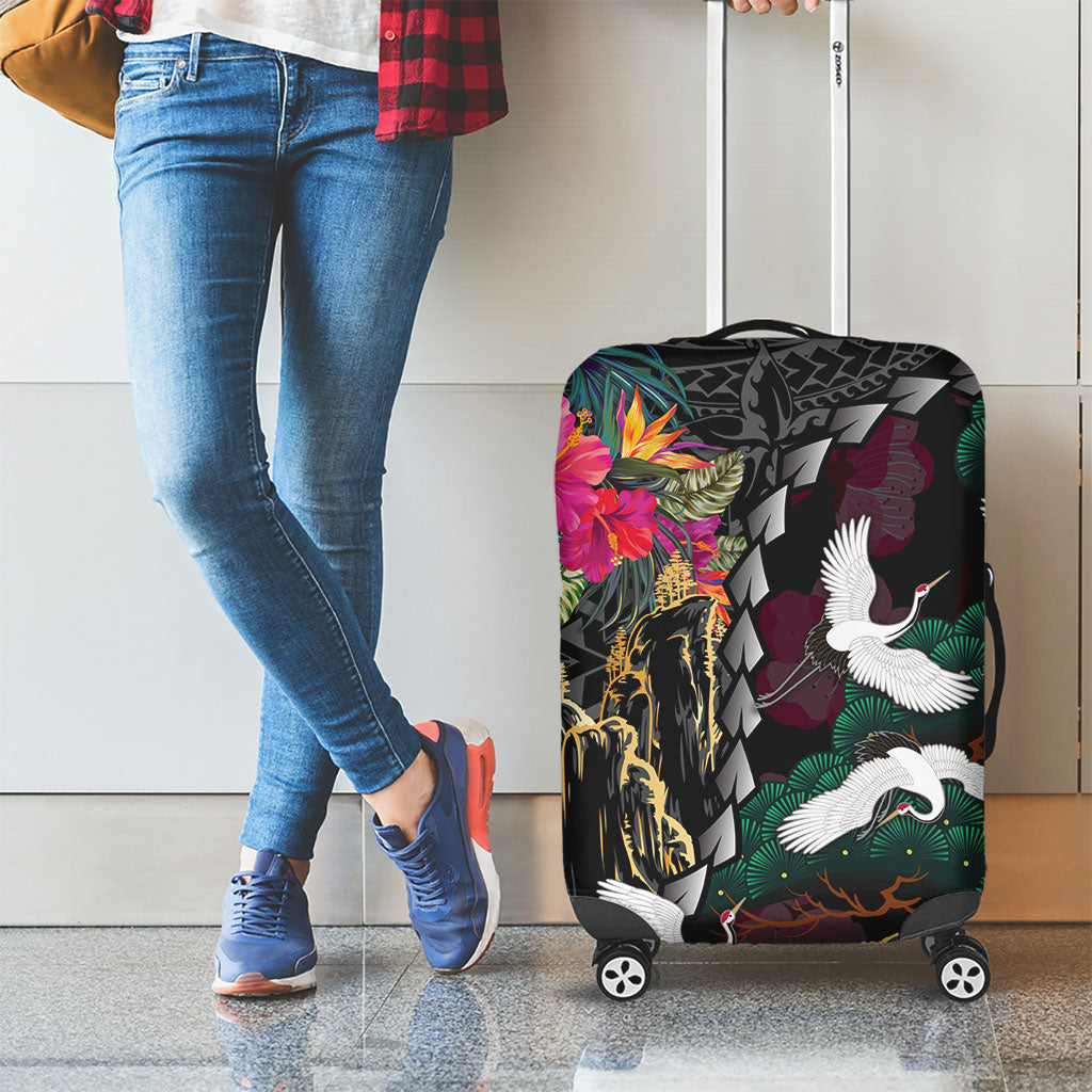 Hawaiian and Japanese Culture Luggage Cover Crane Sakura Hibiscus Tropical Vibes
