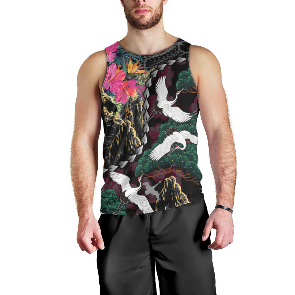 Hawaiian and Japanese Culture Men Tank Top Crane Sakura Hibiscus Tropical Vibes