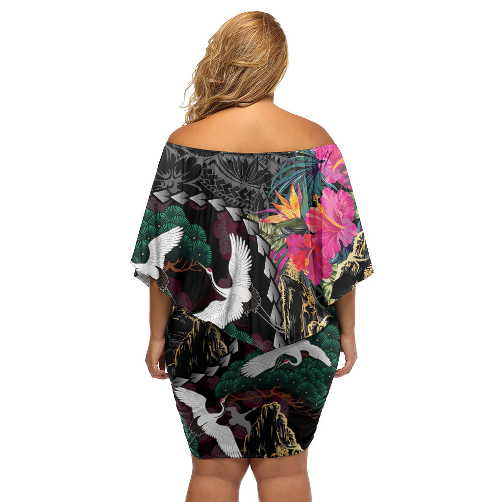 Hawaiian and Japanese Culture Off Shoulder Short Dress Crane Sakura Hibiscus Tropical Vibes