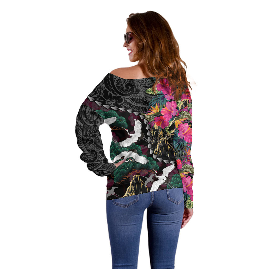 Hawaiian and Japanese Culture Off Shoulder Sweater Crane Sakura Hibiscus Tropical Vibes