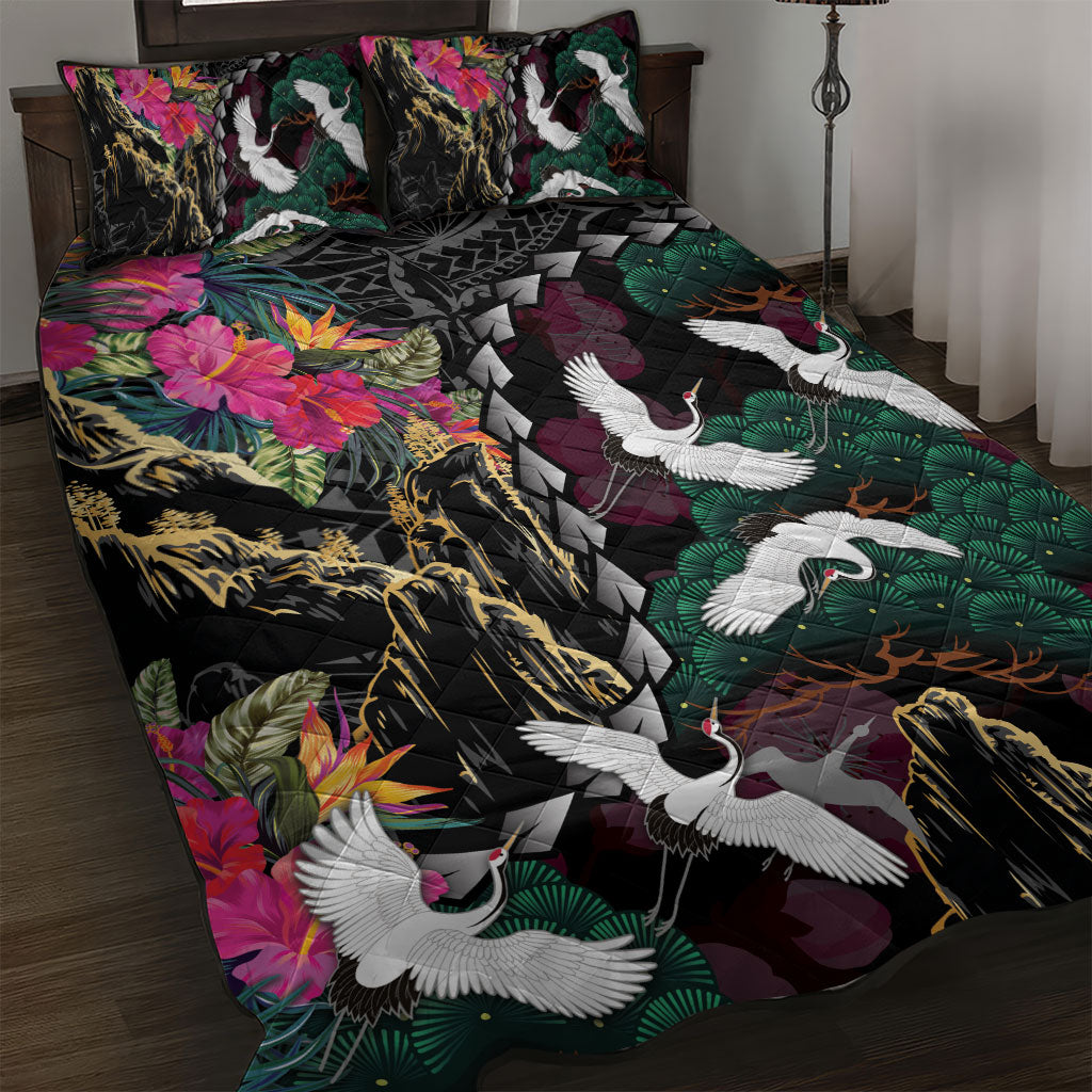 Hawaiian and Japanese Culture Quilt Bed Set Crane Sakura Hibiscus Tropical Vibes