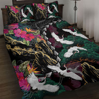 Hawaiian and Japanese Culture Quilt Bed Set Crane Sakura Hibiscus Tropical Vibes