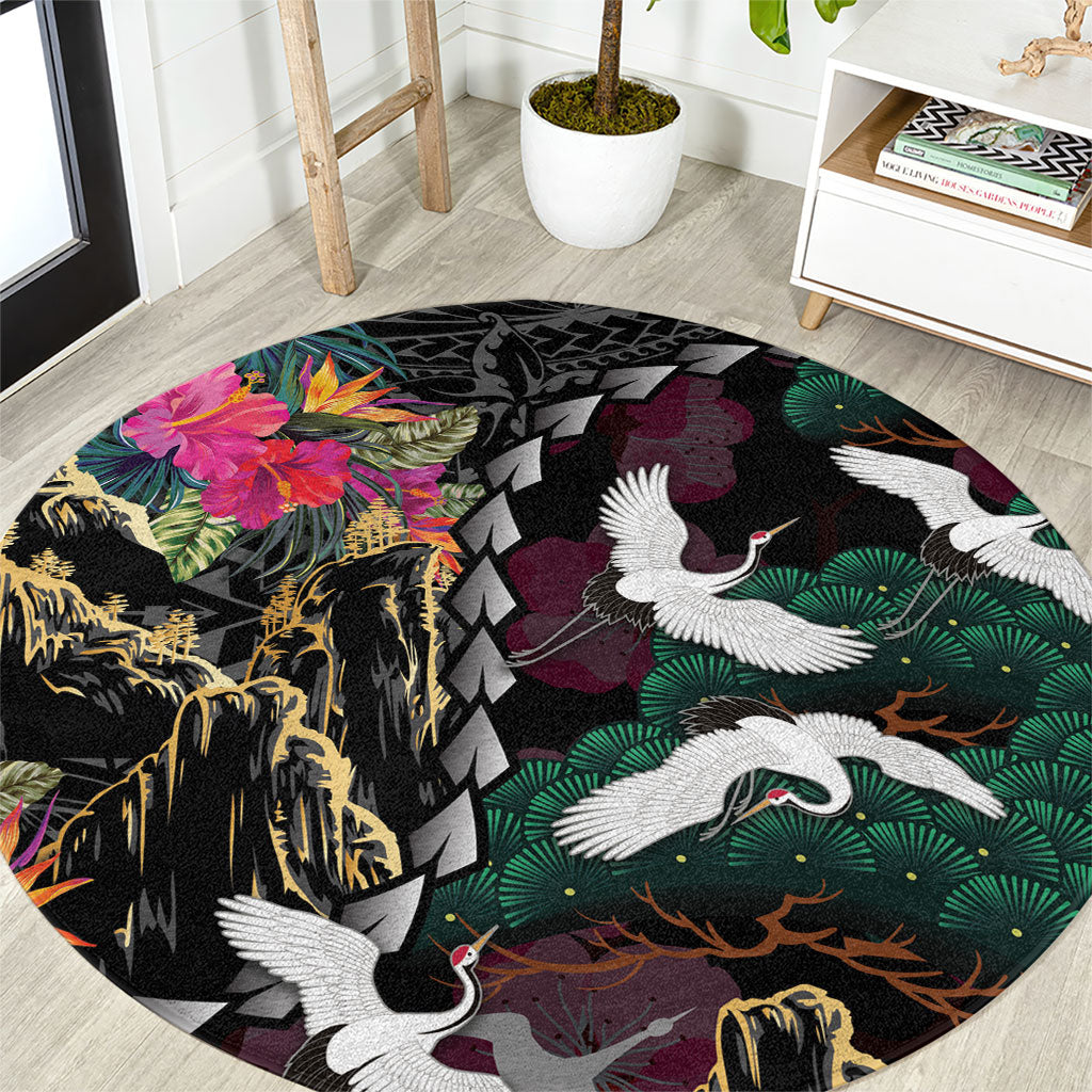 Hawaiian and Japanese Culture Round Carpet Crane Sakura Hibiscus Tropical Vibes LT14 Black - Polynesian Pride