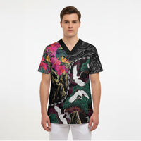 Hawaiian and Japanese Culture Scrub Top Crane Sakura Hibiscus Tropical Vibes