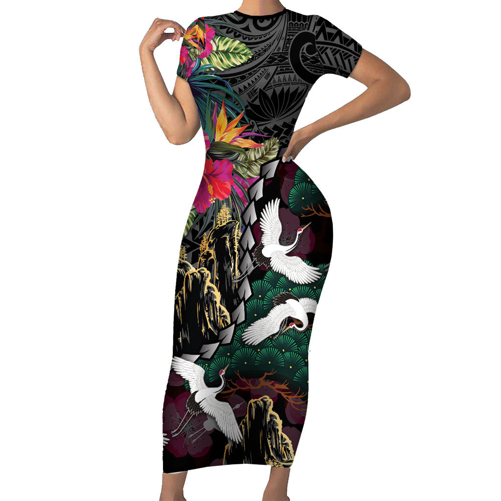 Hawaiian and Japanese Culture Short Sleeve Bodycon Dress Crane Sakura Hibiscus Tropical Vibes LT14 Long Dress Black - Polynesian Pride