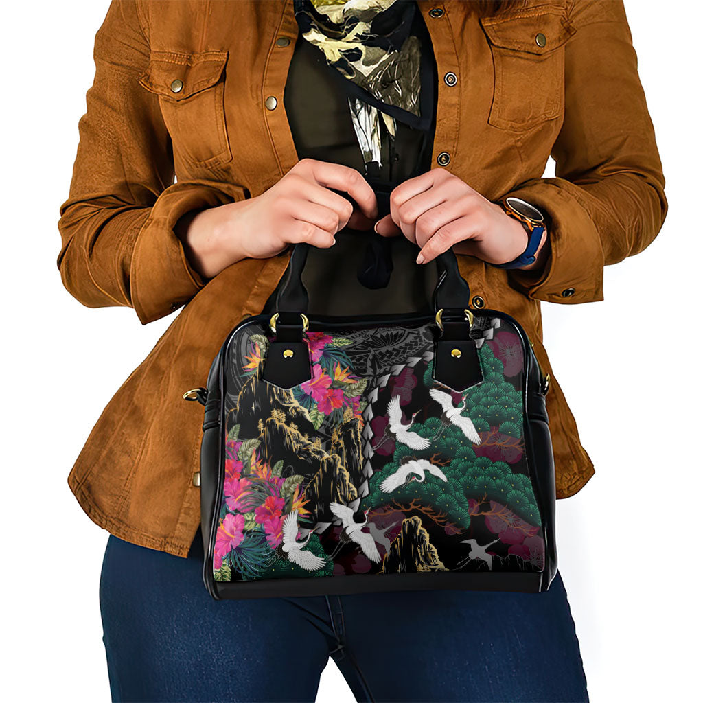 Hawaiian and Japanese Culture Shoulder Handbag Crane Sakura Hibiscus Tropical Vibes