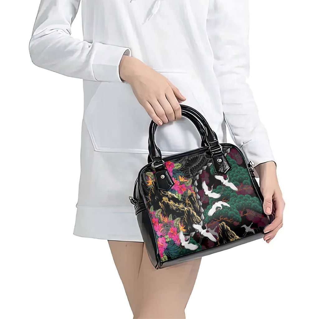 Hawaiian and Japanese Culture Shoulder Handbag Crane Sakura Hibiscus Tropical Vibes
