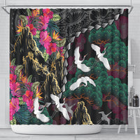 Hawaiian and Japanese Culture Shower Curtain Crane Sakura Hibiscus Tropical Vibes