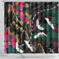 Hawaiian and Japanese Culture Shower Curtain Crane Sakura Hibiscus Tropical Vibes