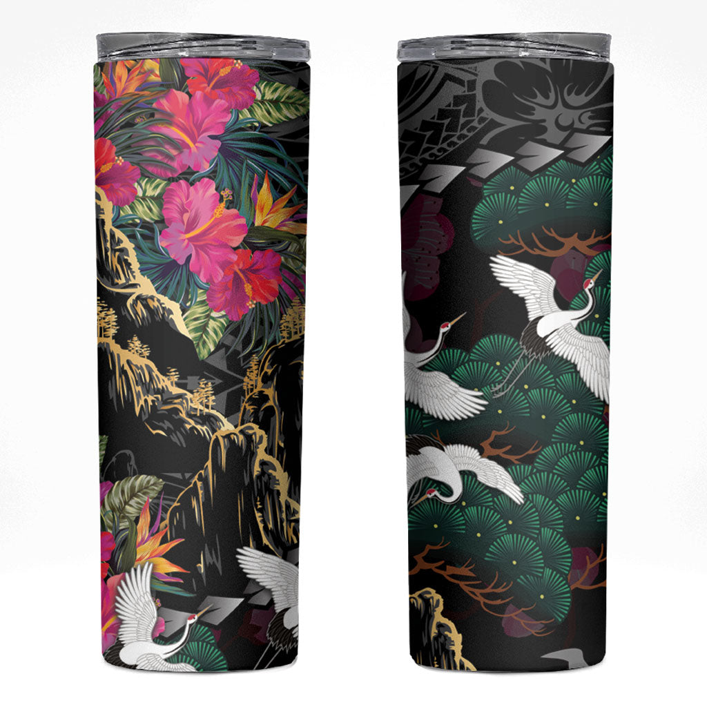 Hawaiian and Japanese Culture Skinny Tumbler Crane Sakura Hibiscus Tropical Vibes
