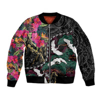 Hawaiian and Japanese Culture Sleeve Zip Bomber Jacket Crane Sakura Hibiscus Tropical Vibes